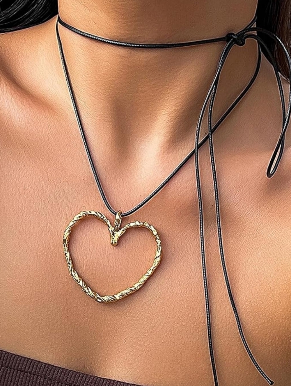Gold Textured Heart Pendant Necklace with Black Cord. NWT in Package